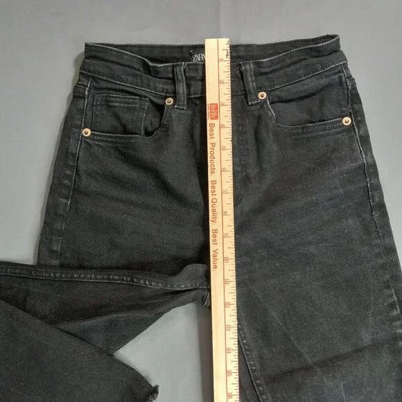 Zara Black High-Rise Frayed Hem Straight Leg Jeans, Size 6 - Picture 6 of 12